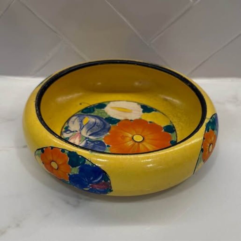 Vintage Art Deco Hand-Painted Floral Pottery Bowl Yellow Multicolor